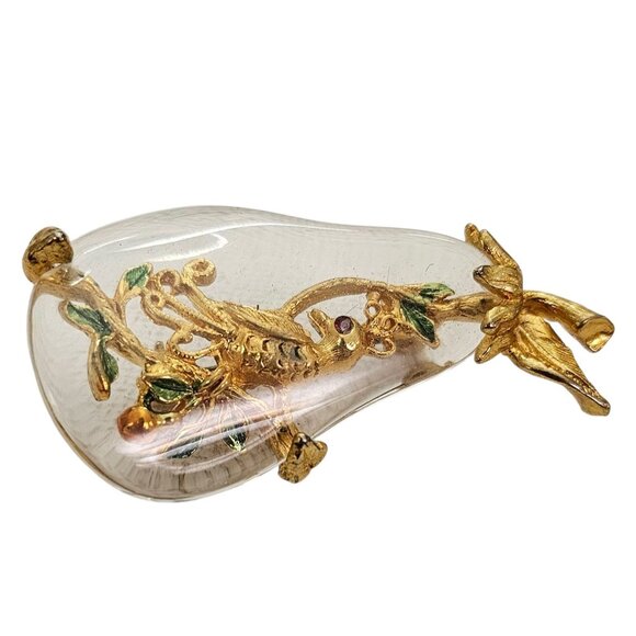 Tancer II Jelly Clear Lucite Pear Partridge Bird Leaf Brooch Pin Signed - Picture 3 of 9